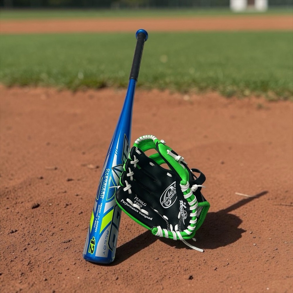 Rawlings Youth T-Ball Bat & 9" Glove Set Left Hand Throw Blue Green